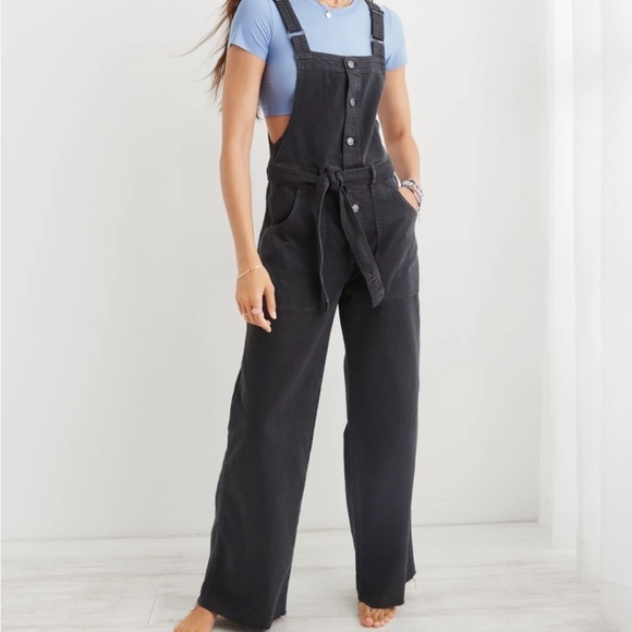 Denim Button Front Belted Gray Wide Leg Overalls Jumpsuit - Picture 1 of 10